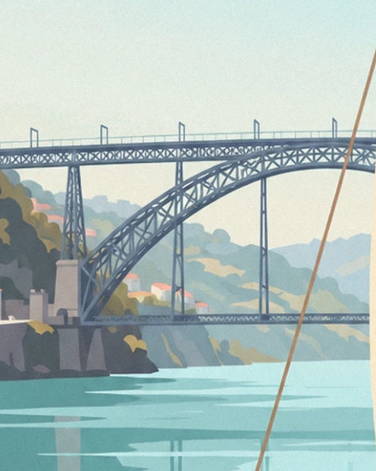 The metal arch of pont Dom Luís above the Douro and its hilly banks