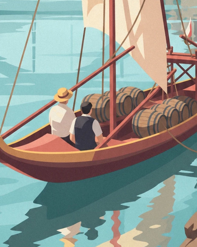 The two men aboard the rabelo loaded with barrels, on the turquoise waters of the Douro