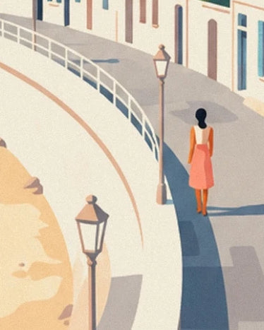 A woman in a coral dress walking between the street lamps and the white railing of the seafront promenade