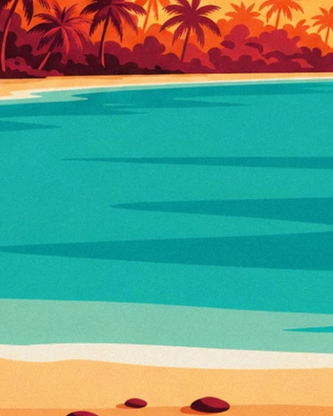 The palm-lined turquoise water with red pebbles on the beach