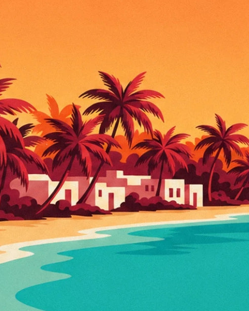 The white houses of Zanzibar between red palm trees and a golden beach