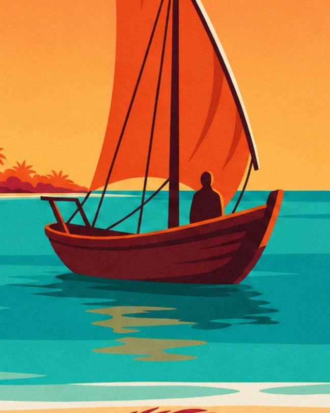 The dhow with its orange sail and silhouetted sailor on the turquoise water