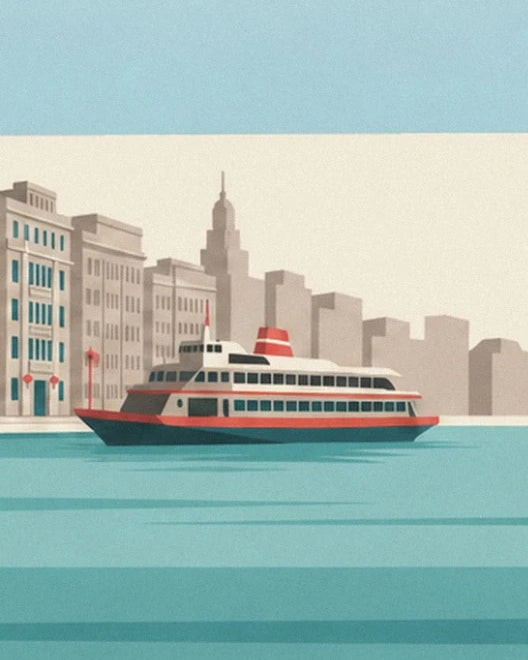 A white and red boat on the turquoise Huangpu in front of the buildings of the Bund
