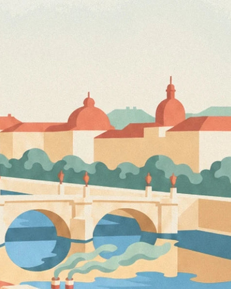 The bridge with its arches reflected in the Danube in front of the orange domes