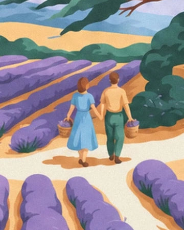 The couple seen from behind, baskets in hand, on the path between the rows of lavender