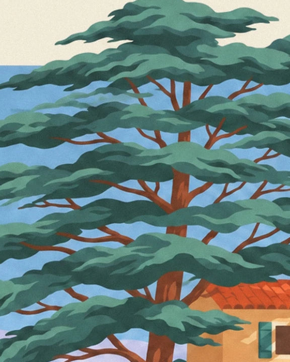 The cedar with layered branches and a brown trunk in front of the house roof