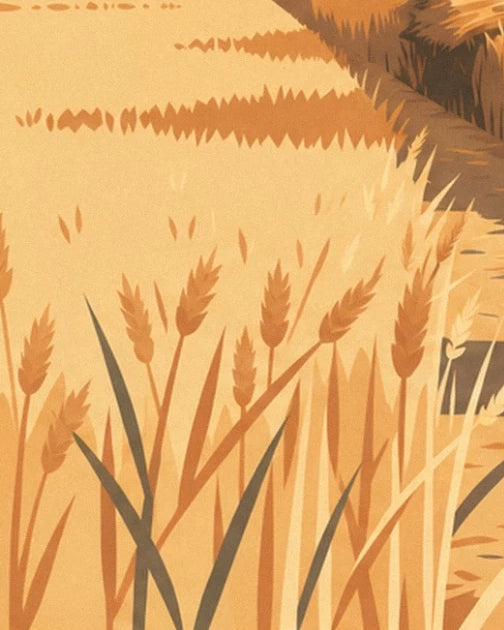 The golden ears of wheat with long dark leaves beside the path