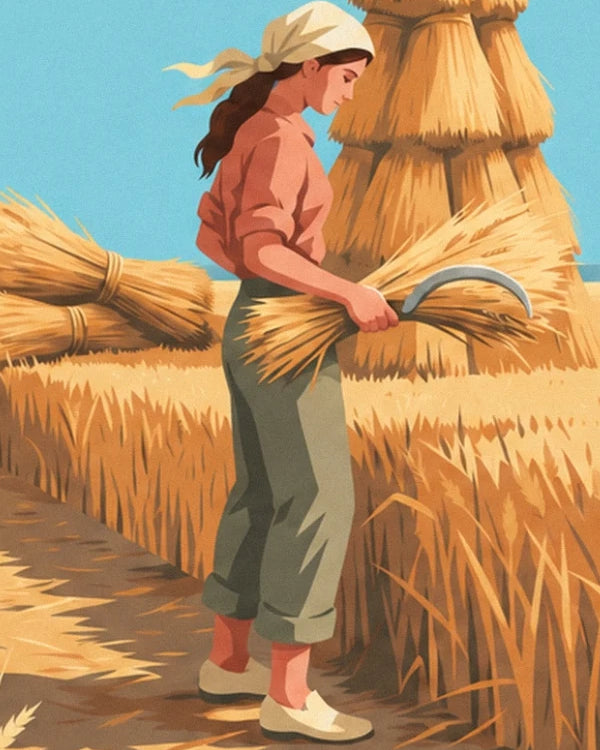 The woman harvesting in a cream headscarf, holding a sickle and a sheaf of wheat