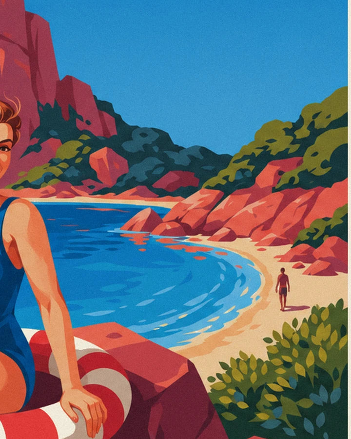La crique de sable doré, son eau turquoise et un baigneur qui marche sur la plage