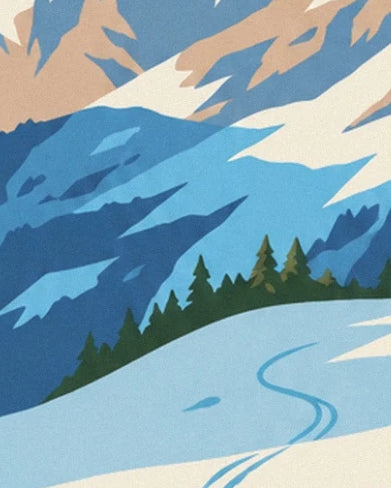 The winding trail in the snow at the foot of green fir trees and blue mountains