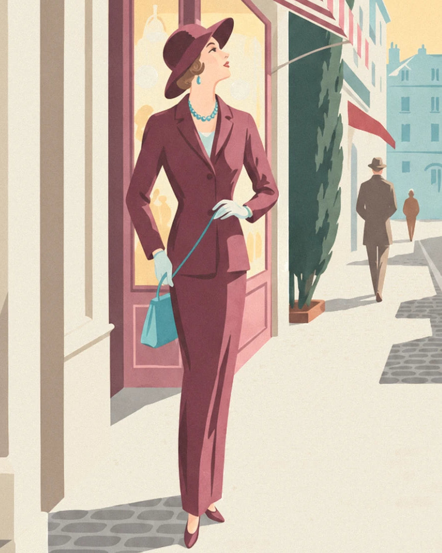 La femme en costume bordeaux et chapeau, sac turquoise à la main, devant une vitrine