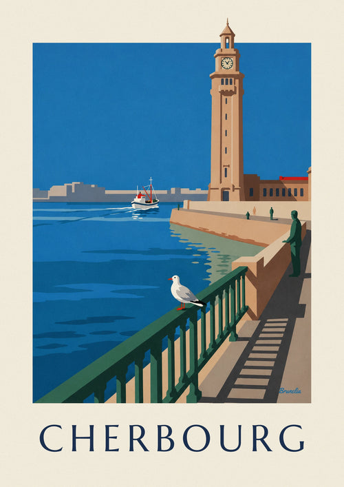 Affiche mouette et tour de l'horloge de la gare maritime de Cherbourg : l'affiche entière