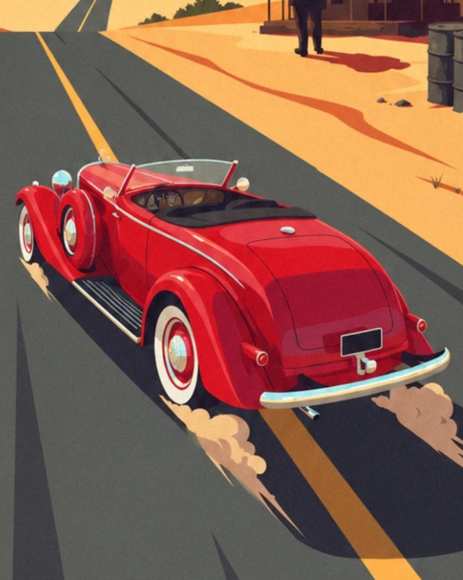 Le roadster rouge décapotable aux pneus à flancs blancs sur la route du désert