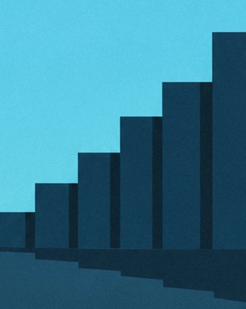 Dark blue blocks of increasing height arranged like steps against a turquoise background