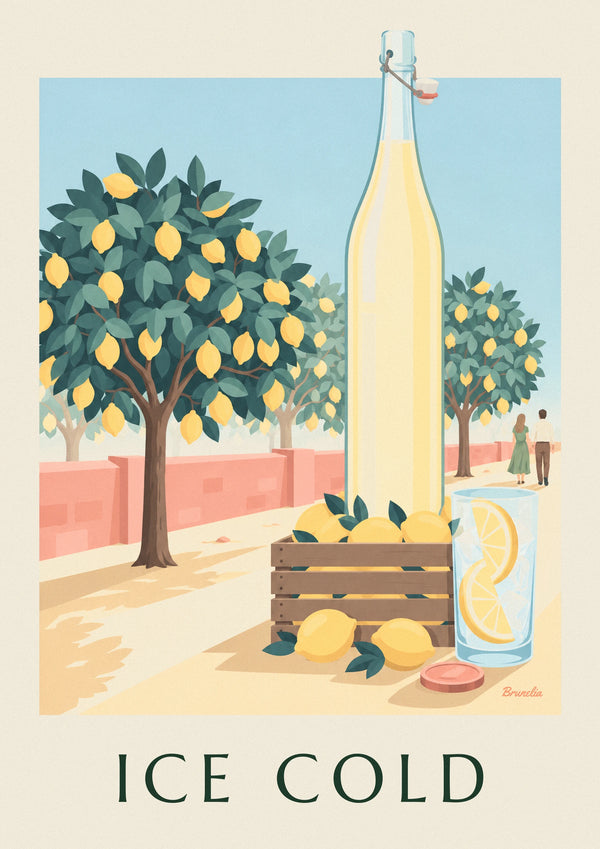 Affiche bouteille de limonade et cagette de citrons au verger