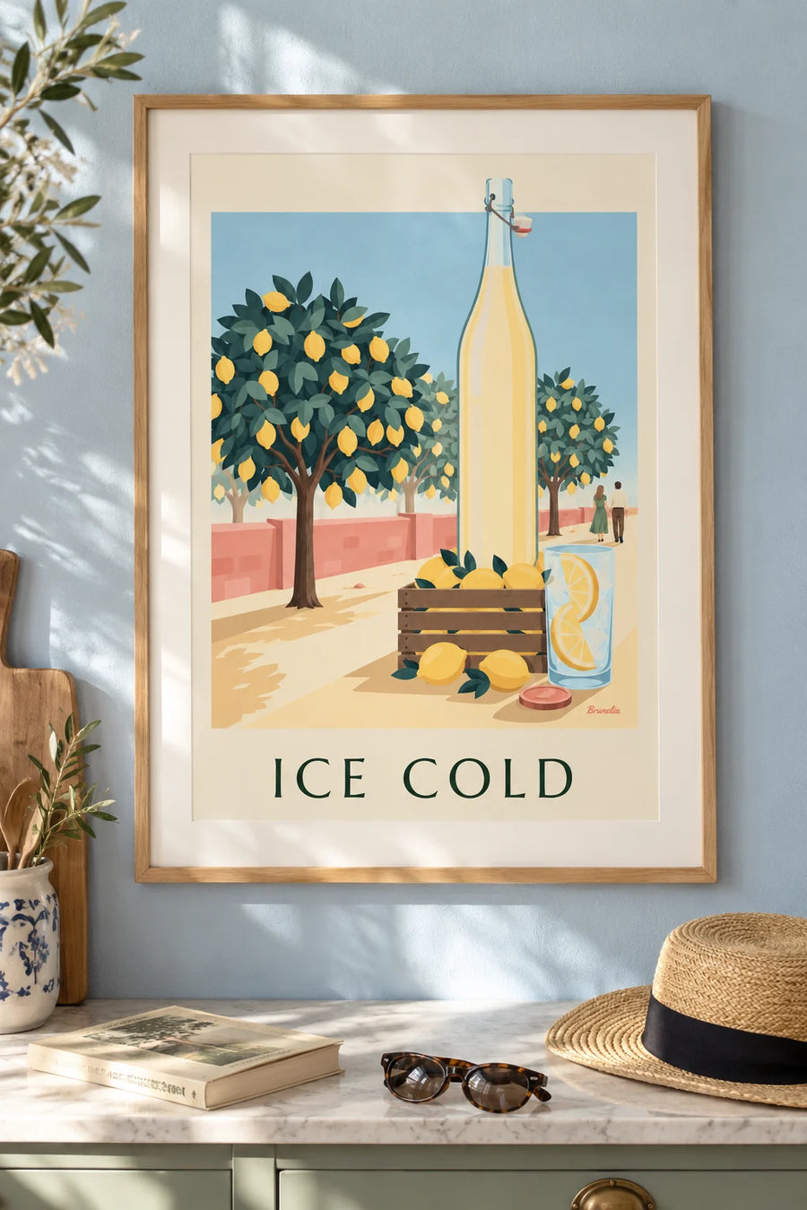 Lemonade bottle and crate of lemons in the orchard poster: framed on the wall