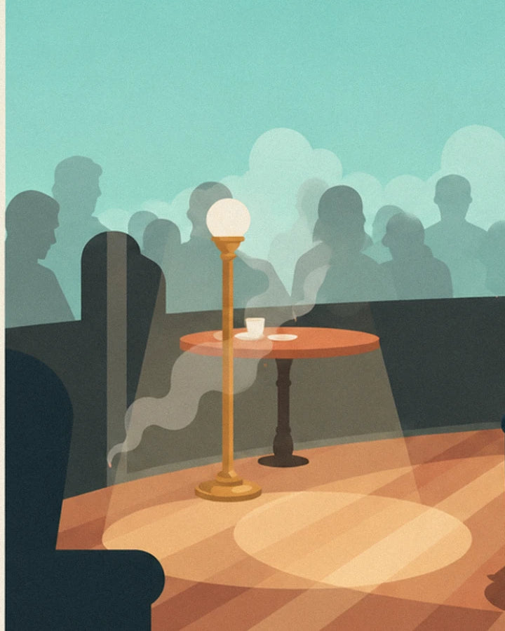 A round table with a cup of coffee beneath a globe lamp, facing the shadowy crowd