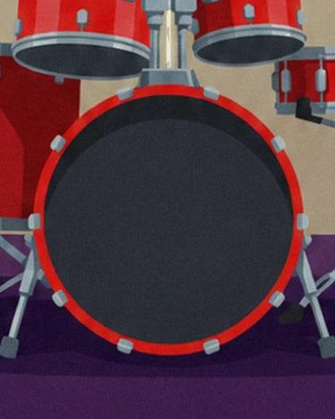 The black bass drum with red hoops and the red toms on stage
