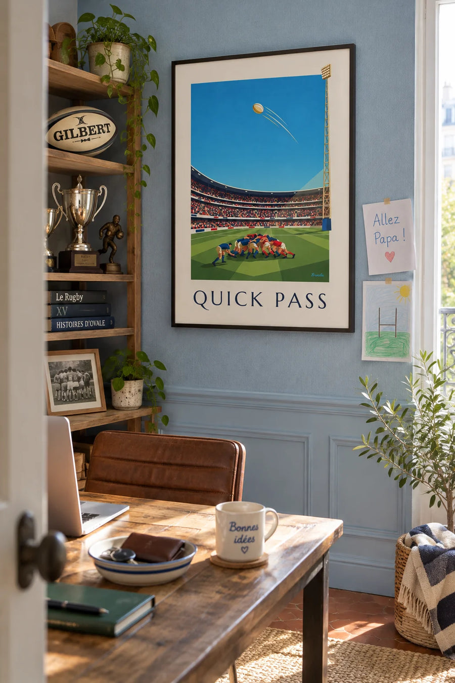 Poster of a scrum-half passing the ball from the base of a scrum: framed on the wall