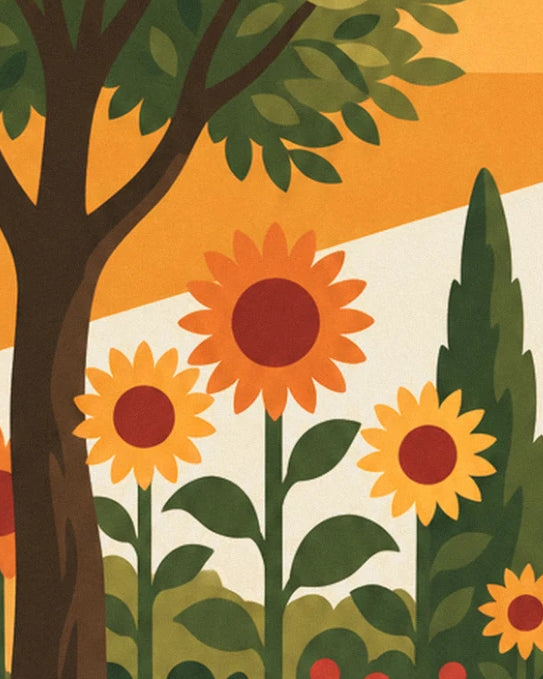 Orange sunflowers with red centres at the foot of a large tree and a cypress