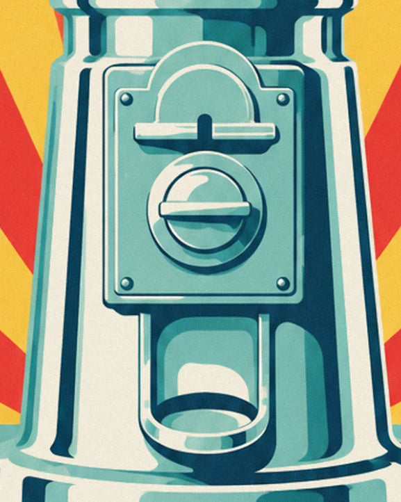 The dispenser's chrome mechanism, coin-operated knob and dispensing tray