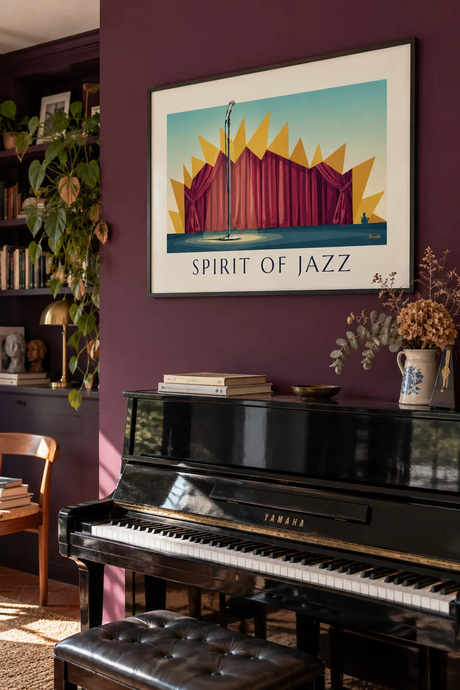 Poster of a microphone on a jazz club stage, Spirit of Jazz: framed on the wall