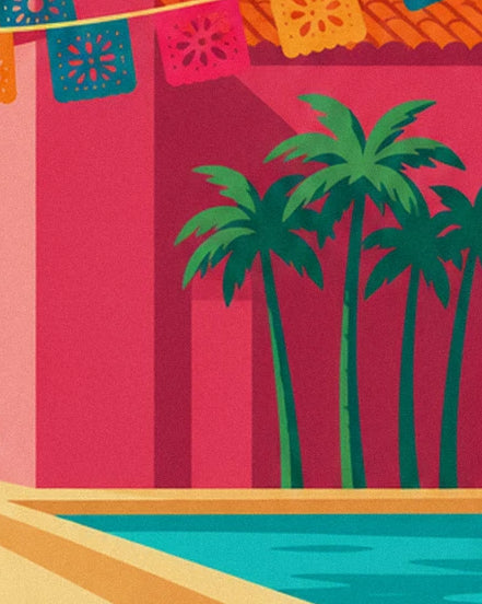 The palm trees in front of the pink façades beside the turquoise pool