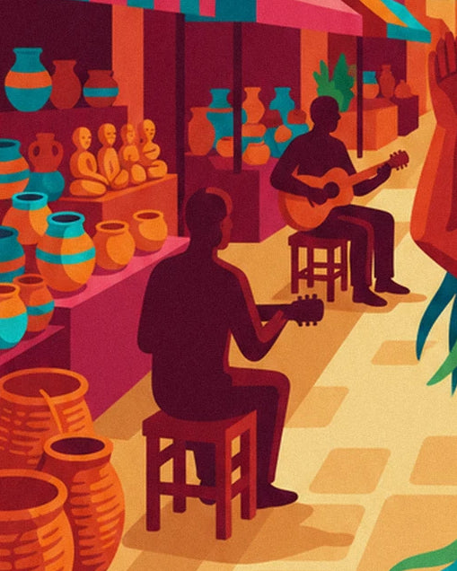 The 2 guitarists seated near stalls of turquoise and orange pottery