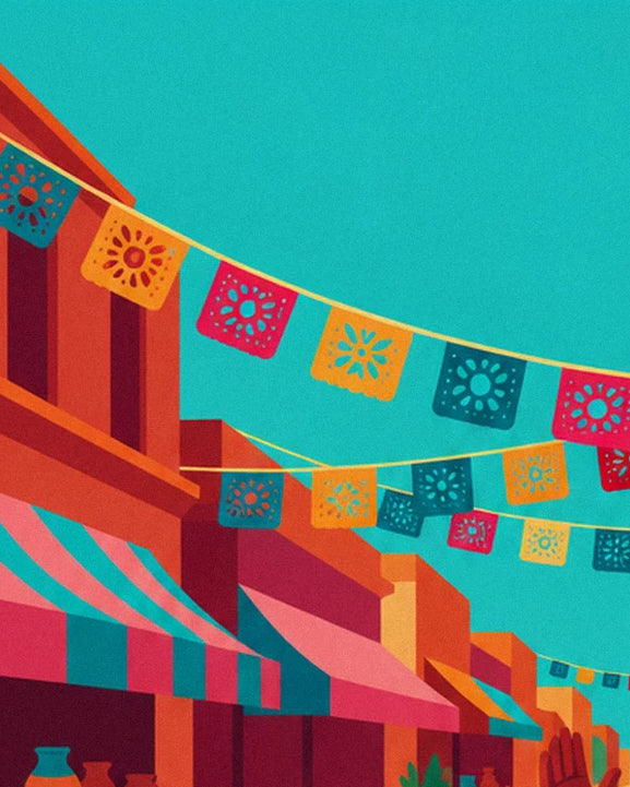 The garlands of colourful paper cut-outs above the striped awnings