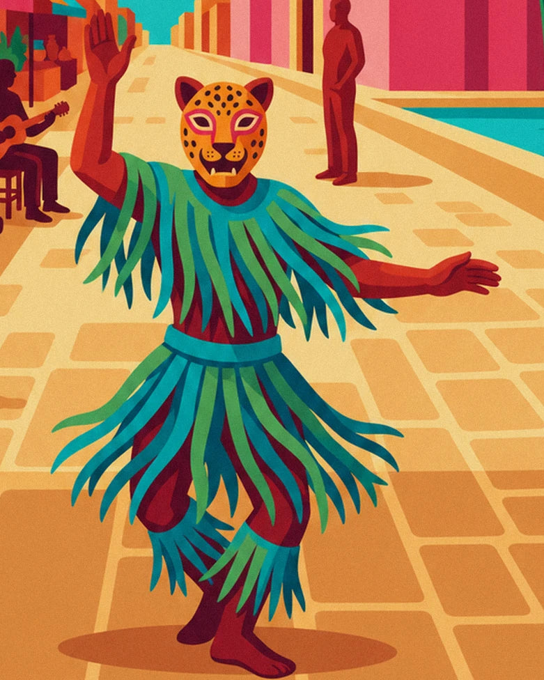 The dancer in a jaguar mask and a costume with green fringes in the square