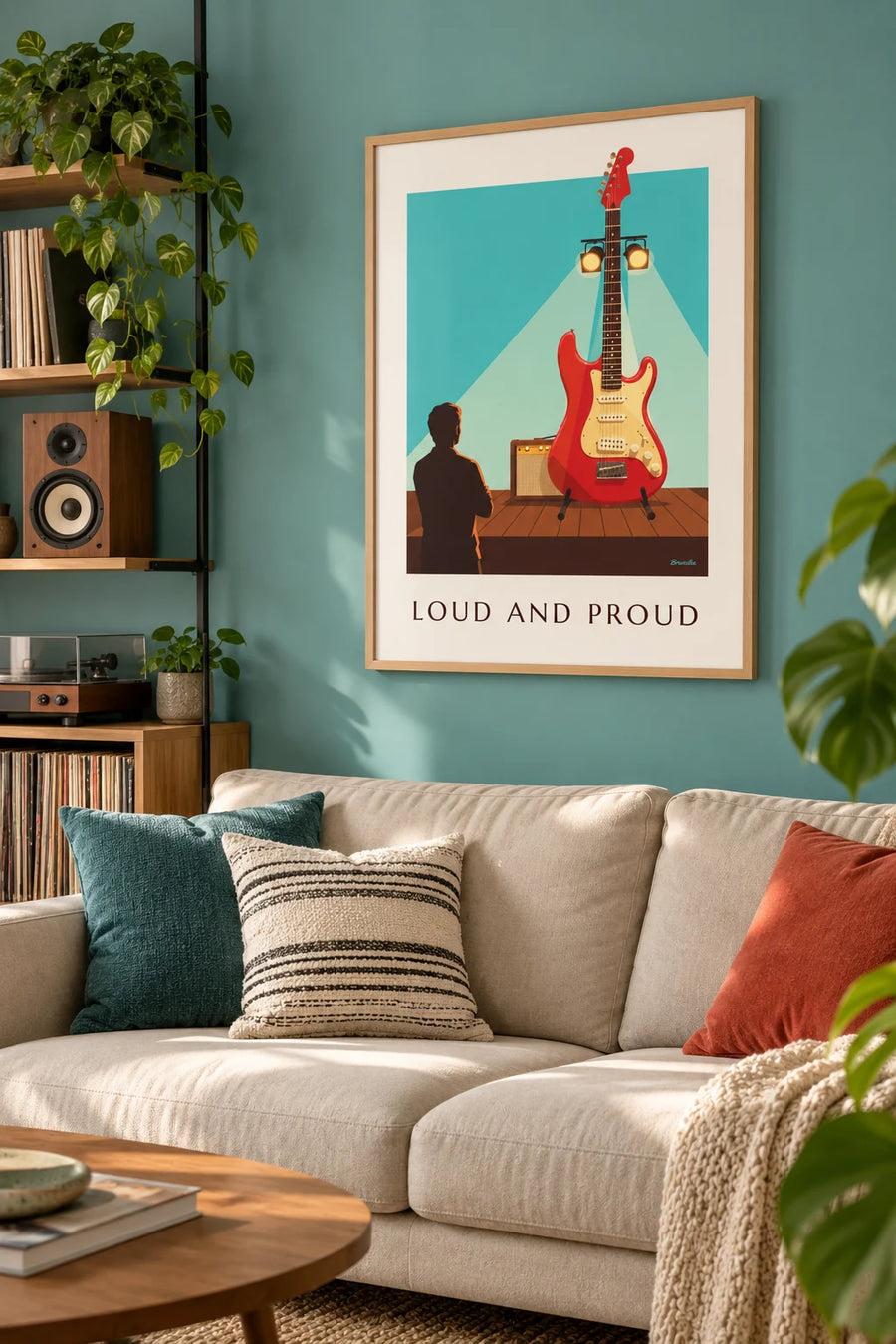 Affiche guitare électrique rouge sur une scène de club : encadrée au mur