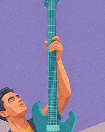 Le guitariste et sa guitare électrique turquoise au manche dressé sur fond violet