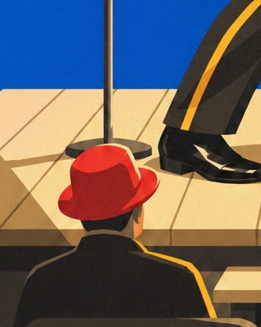 The spectator seen from behind in a red hat, facing the black shoes on stage