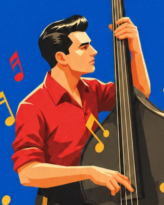 The musician in a red shirt with his hands on the strings of his double bass