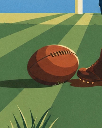 The oval brown leather ball with black laces on the striped grass