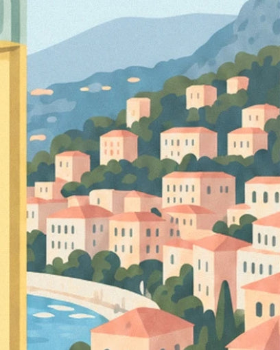 Les maisons aux façades pastel entre les arbres, la baie et les collines