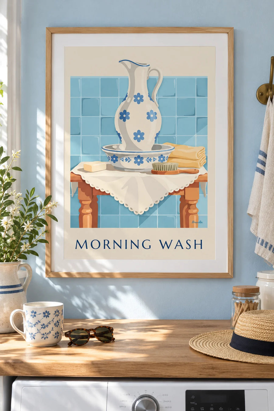 Poster of a ceramic pitcher and basin on a washstand: framed on the wall