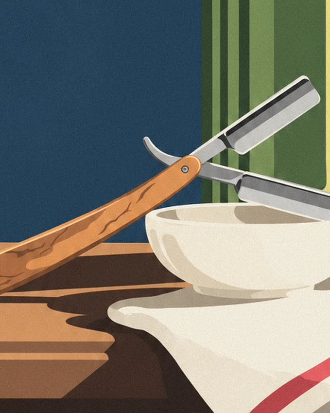 Le rasoir coupe-chou à manche de bois posé sur un bol blanc, devant le flacon vert