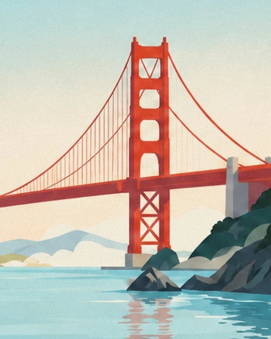 Le pont rouge du Golden Gate et les rochers sombres au bord de la baie