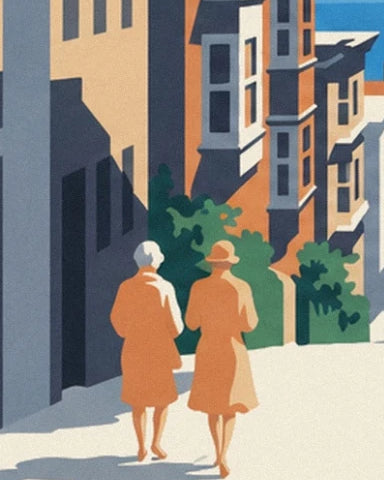 Les 2 promeneuses en manteaux orangés, entre façades ombragées et buissons verts