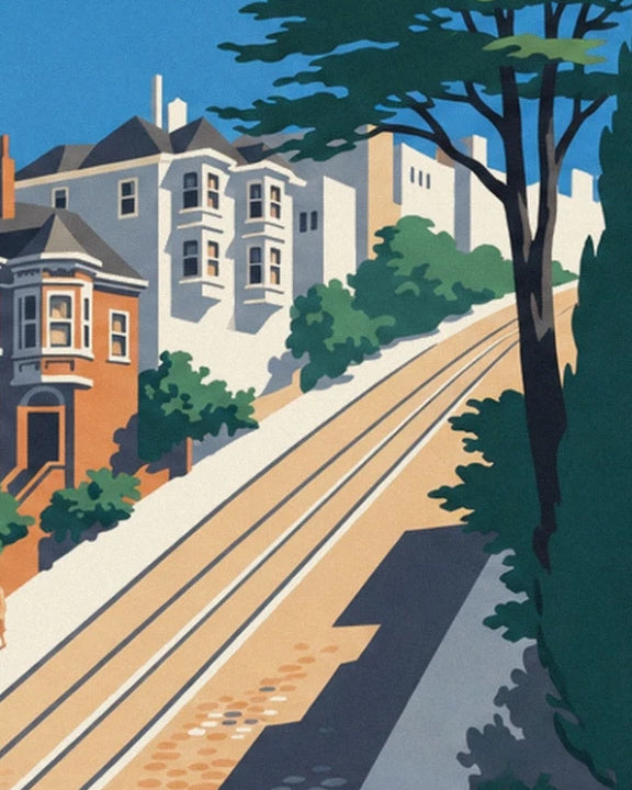 Les rails dans la rue pentue, bordée de maisons à bow-windows et de grands arbres
