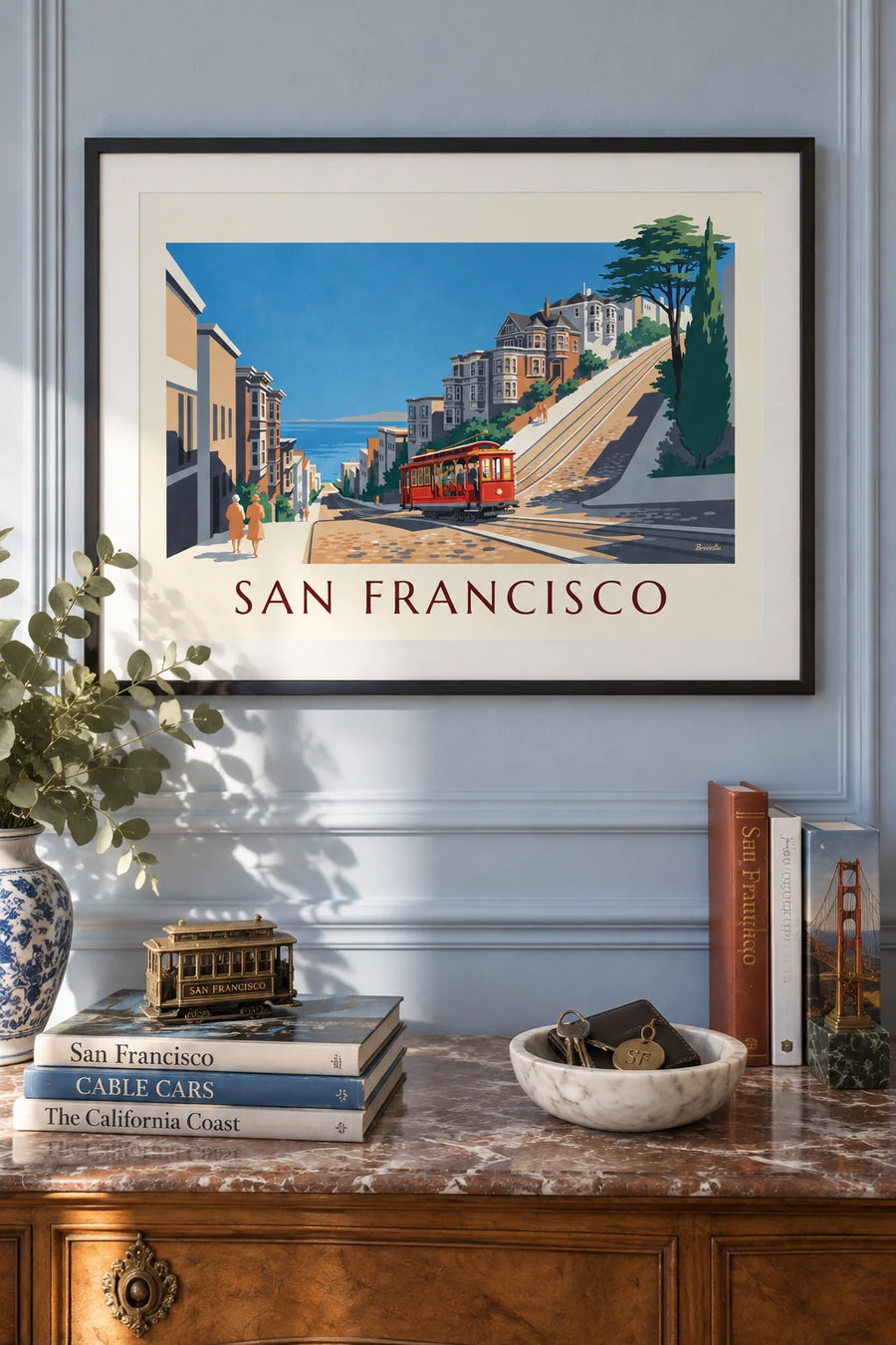 Affiche tramway à câble grimpant une rue de San Francisco : encadrée au mur