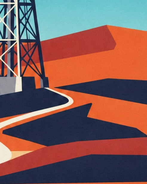 Le pied métallique du radiotélescope et ses ombres bleu nuit sur le sol orangé