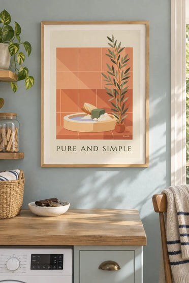 Affiche cube de savon de Marseille et brosse en bois : encadrée au mur