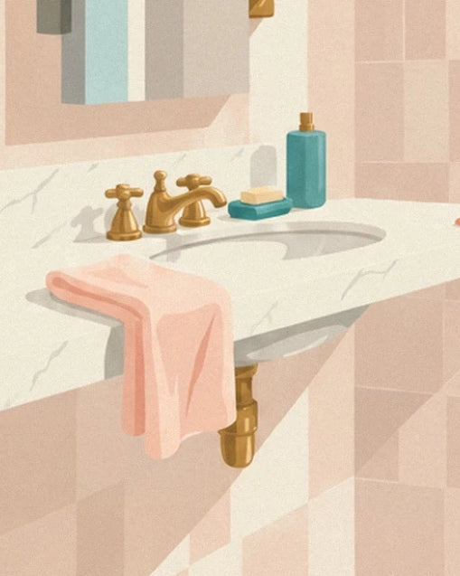 Le lavabo en marbre blanc, ses robinets dorés et sa serviette rose