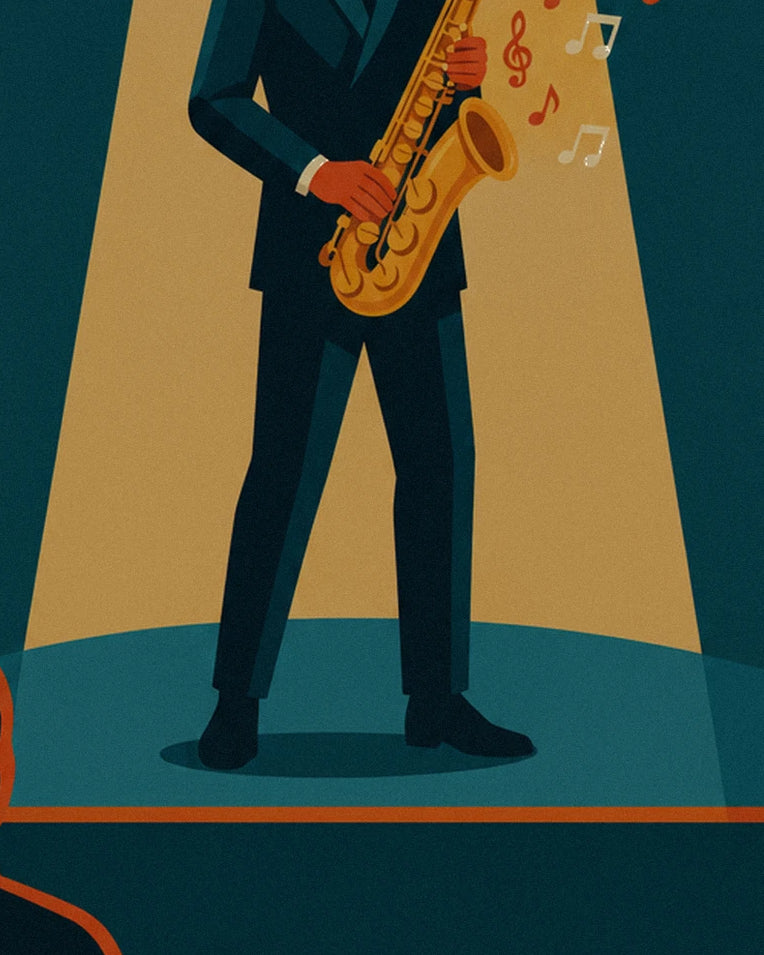 Golden saxophone in a jazz spotlight poster: close-up detail