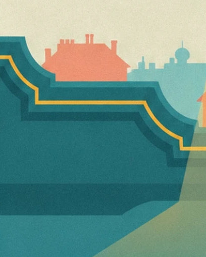 Les silhouettes de toits corail derrière une bordure turquoise soulignée de jaune