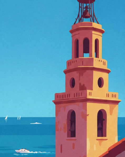 The ochre bell tower with its wrought-iron lantern, rising against the blue sea