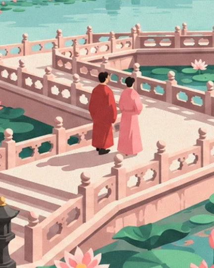 Les 2 personnages en rouge et rose sur la passerelle aux balustrades ajourées