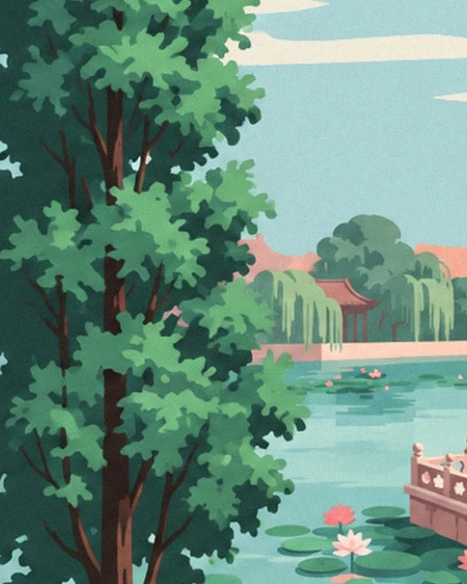 Les arbres touffus devant le bassin, les saules et un pavillon au toit rouge